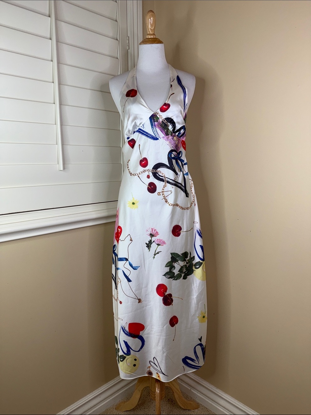 Urban Outfitters Cream color Floral & Cherry Halter Maxi Dress with Blue Accents